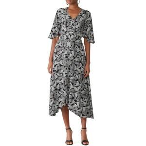 Slate & Willow Gray Black Multicolor Flowy Midi Dress 100% Silk Women's size 6